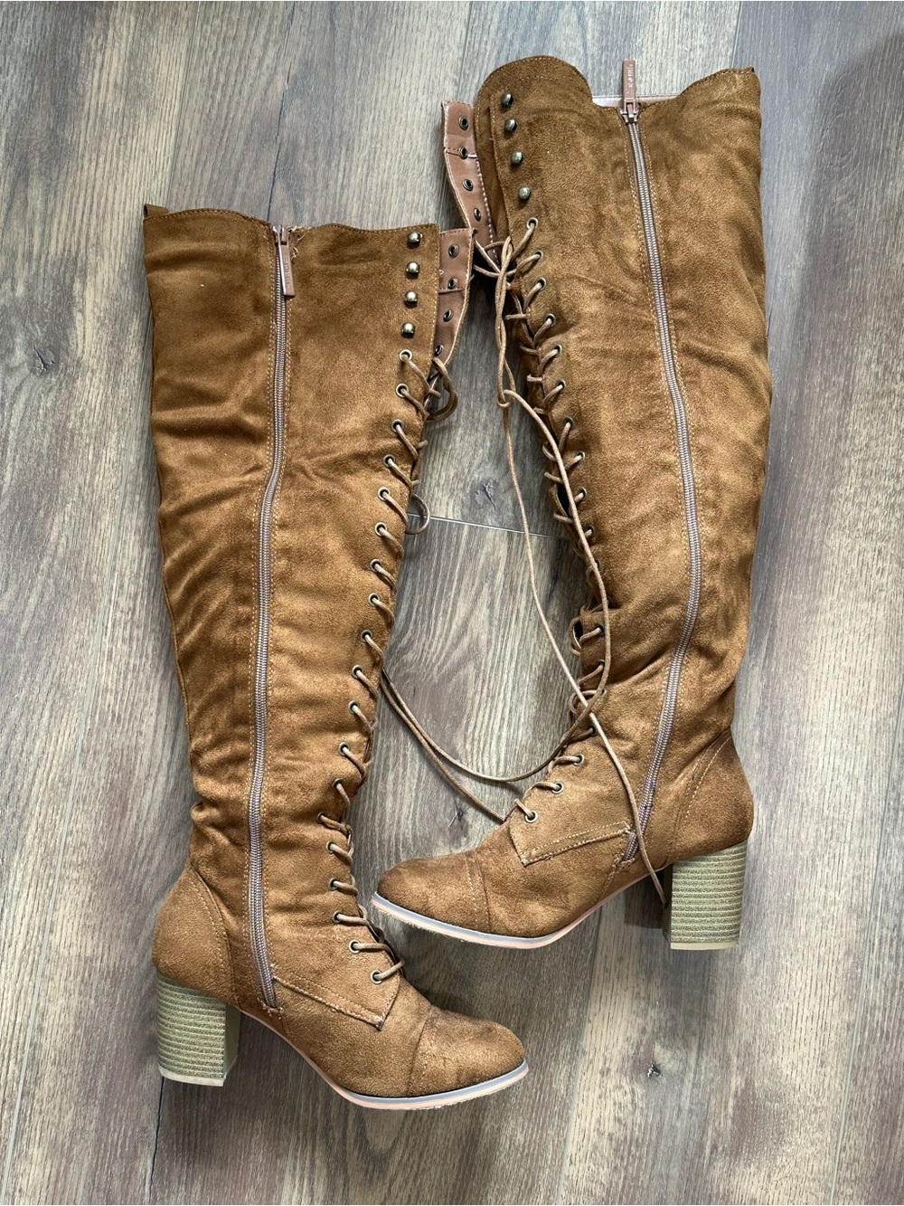 Shiekh Tan Lace-Up Knee-High Boots with Block Heel